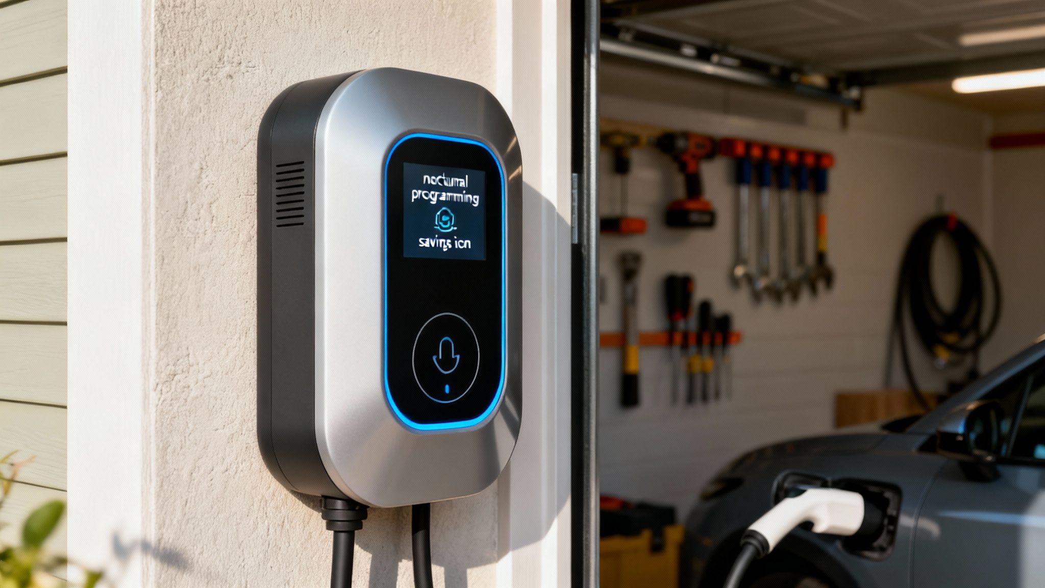 Punto de carga de coche eléctrico inteligente en una pared exterior, con un EV cargándose en el garaje.