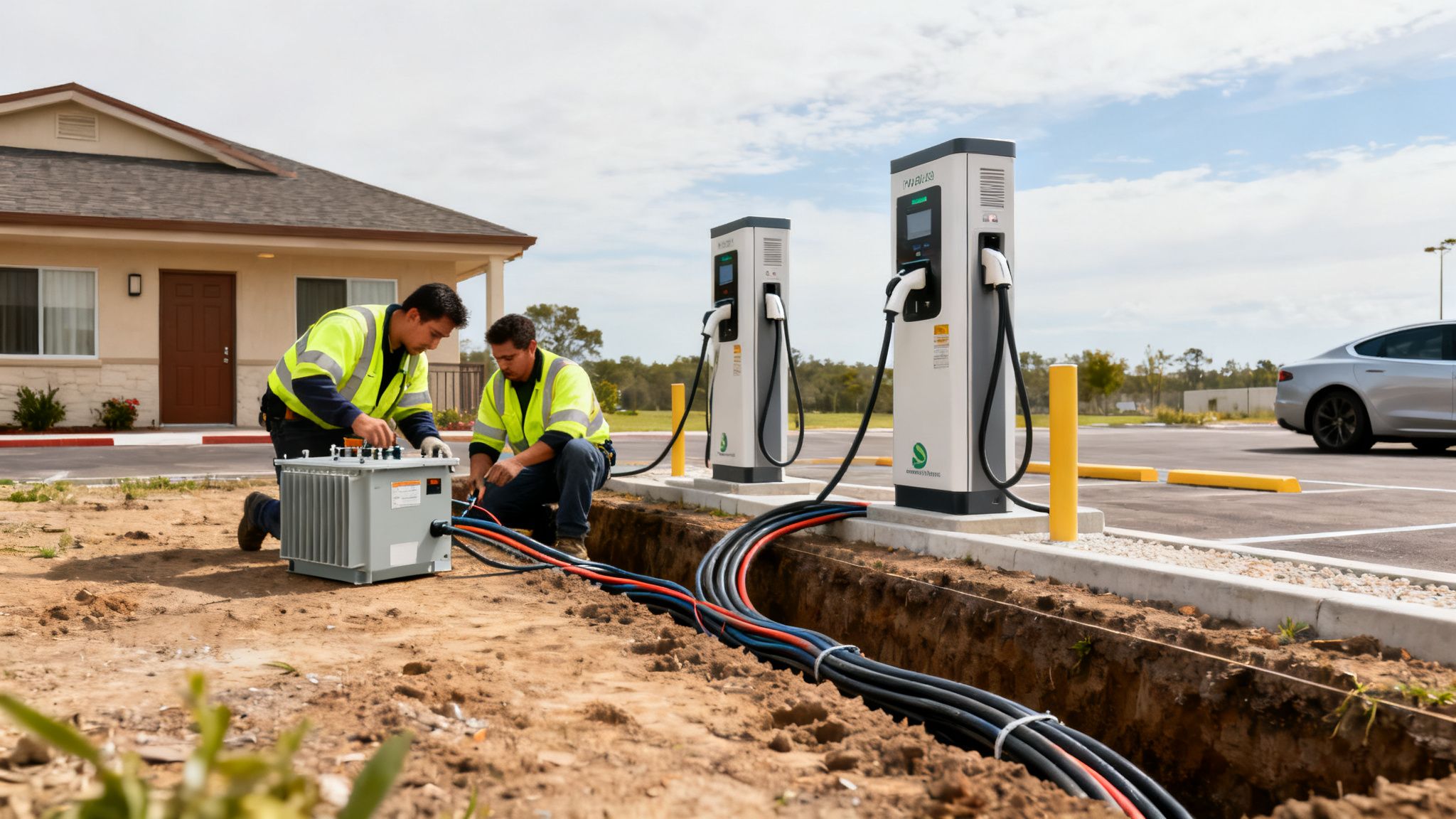 Dos técnicos instalan cargadores rápidos de vehículos eléctricos con cableado subterráneo en una estación de carga.