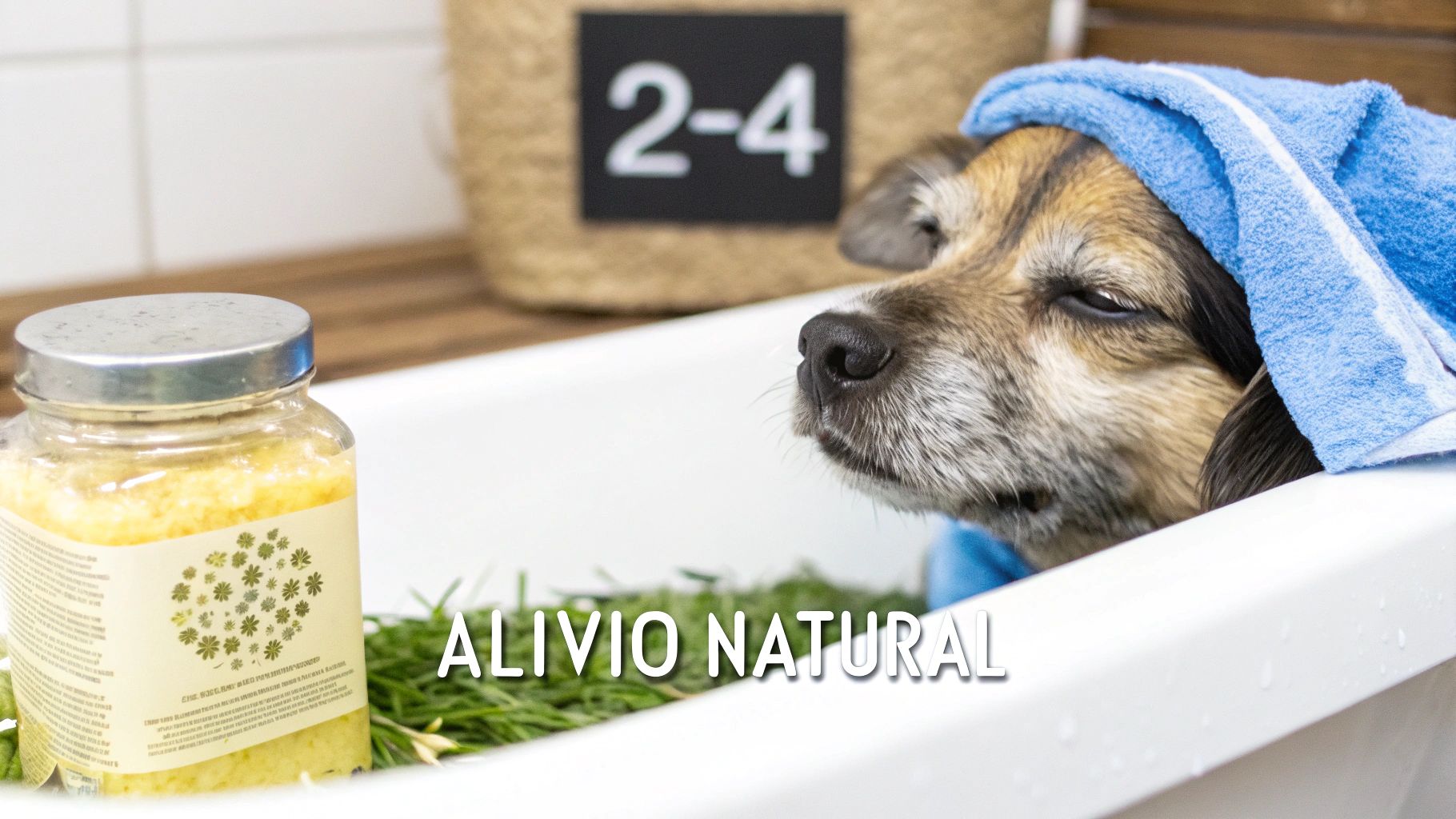 Perro relajado en una bañera con toalla azul en la cabeza y productos naturales para el cuidado de la piel.
