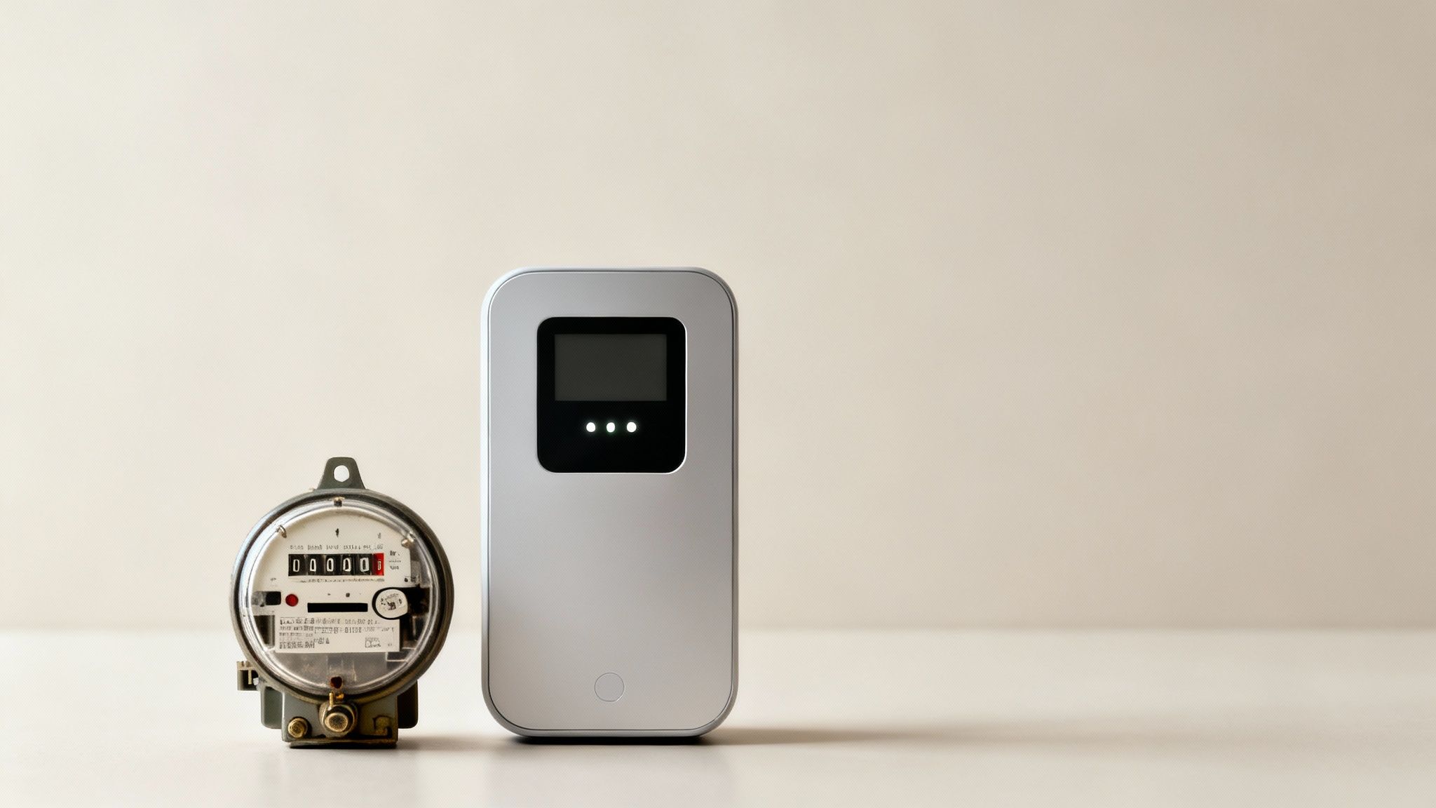 Un contador de luz antiguo y un moderno dispositivo de medidor inteligente, ambos sobre una superficie clara.