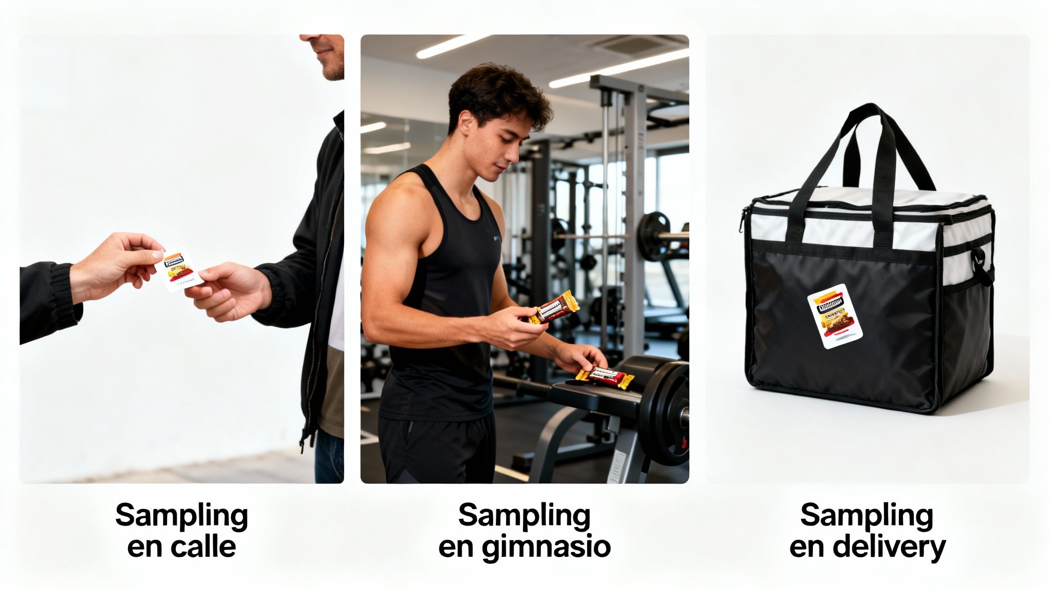 Muestra de producto en la calle, en un gimnasio y en una bolsa de reparto para sampling de snacks.