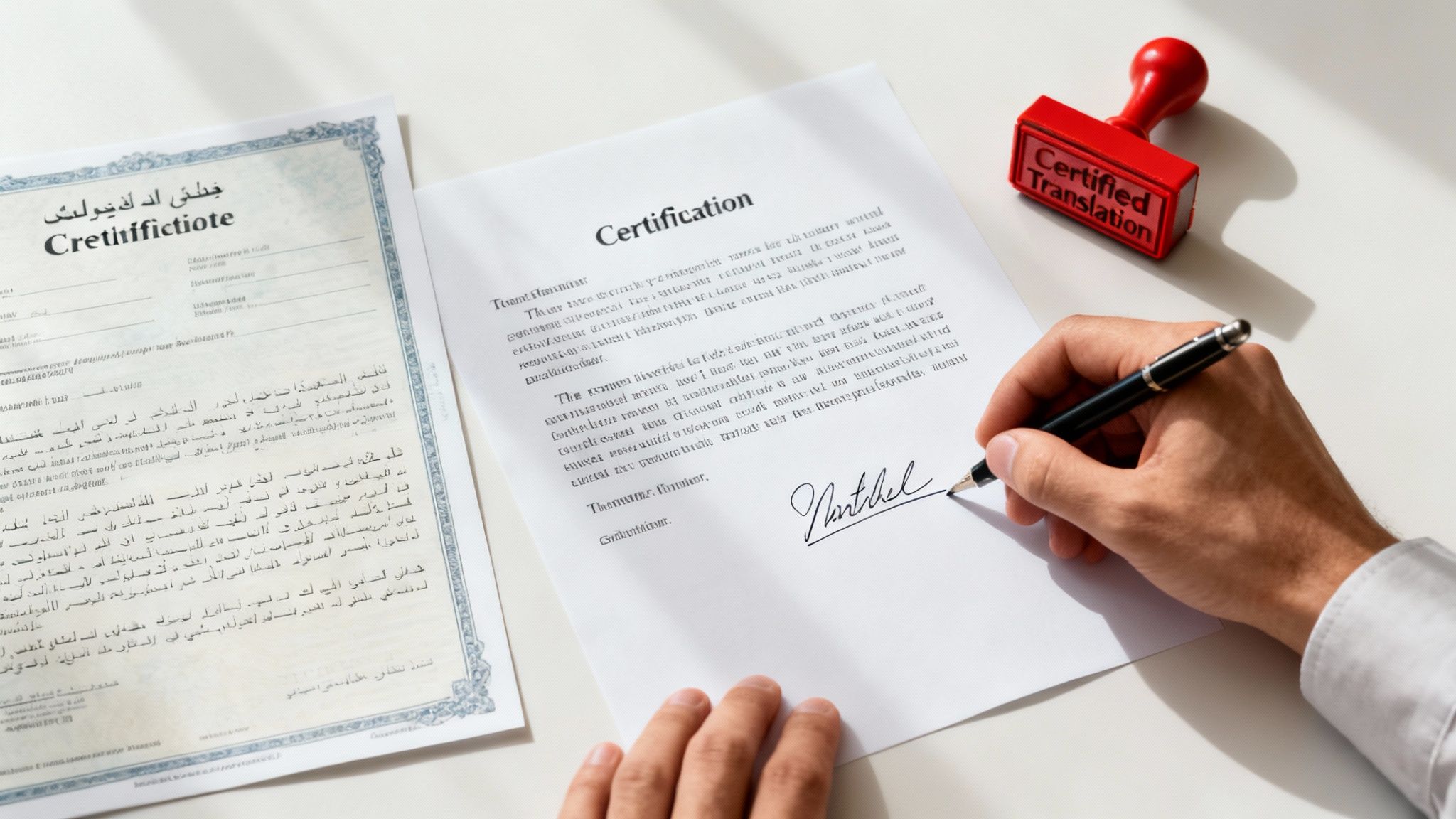 A hand signs a certification document, with a 'Certified Translation' stamp and another document nearby.