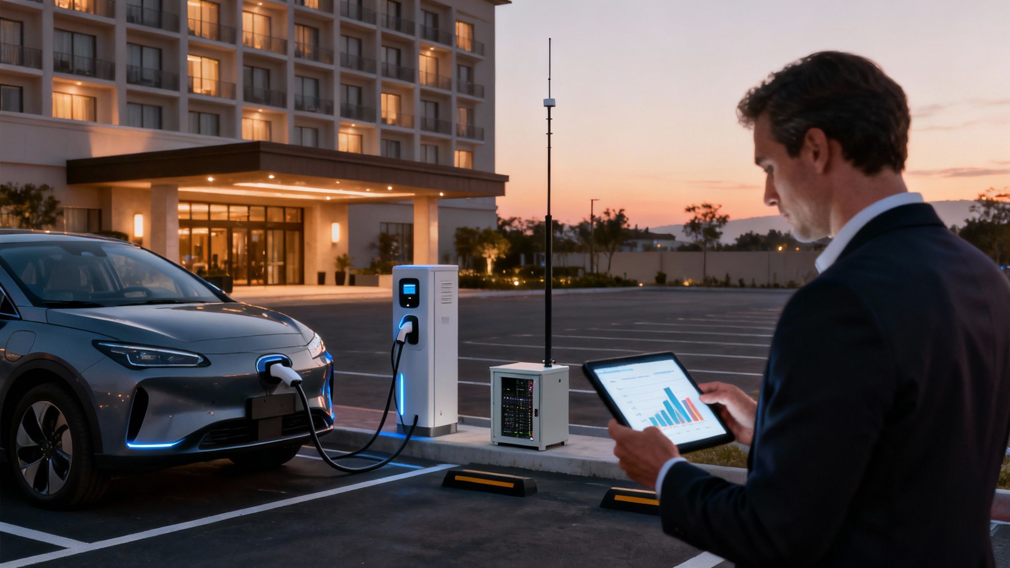 Hombre revisando una tableta con gráficos mientras un coche eléctrico se carga en una estación, con equipos de comunicación al atardecer.