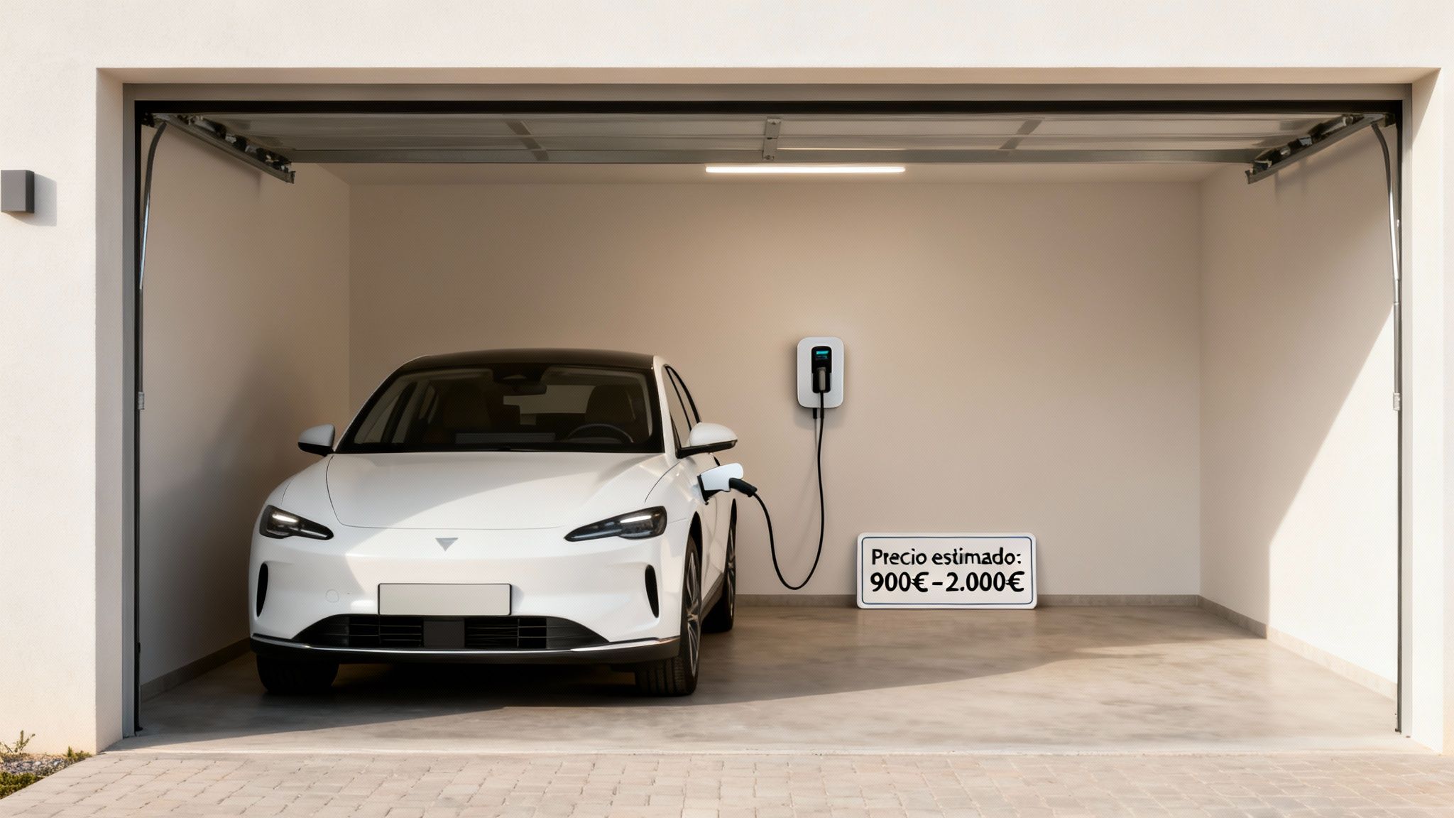 Coche eléctrico blanco cargando en un garaje con un punto de recarga y cartel de precio estimado.