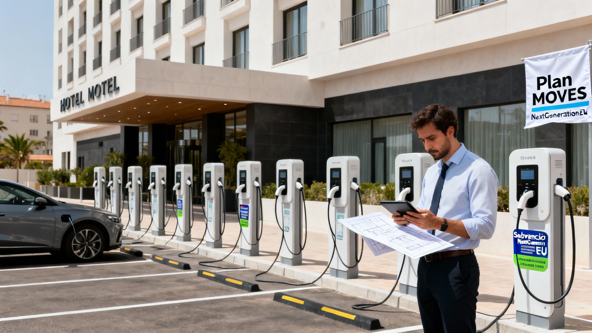 Hombre revisa planos junto a estaciones de carga de vehículos eléctricos frente a un hotel moderno.