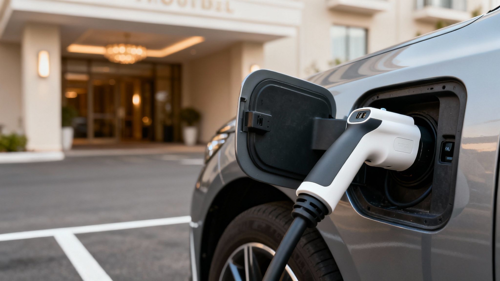 Coche eléctrico gris cargando en un punto de recarga frente a la entrada de un hotel.