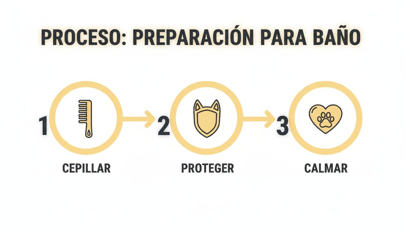 Proceso de tres pasos para preparar a tu perro para el baño: cepillar, proteger y calmar.