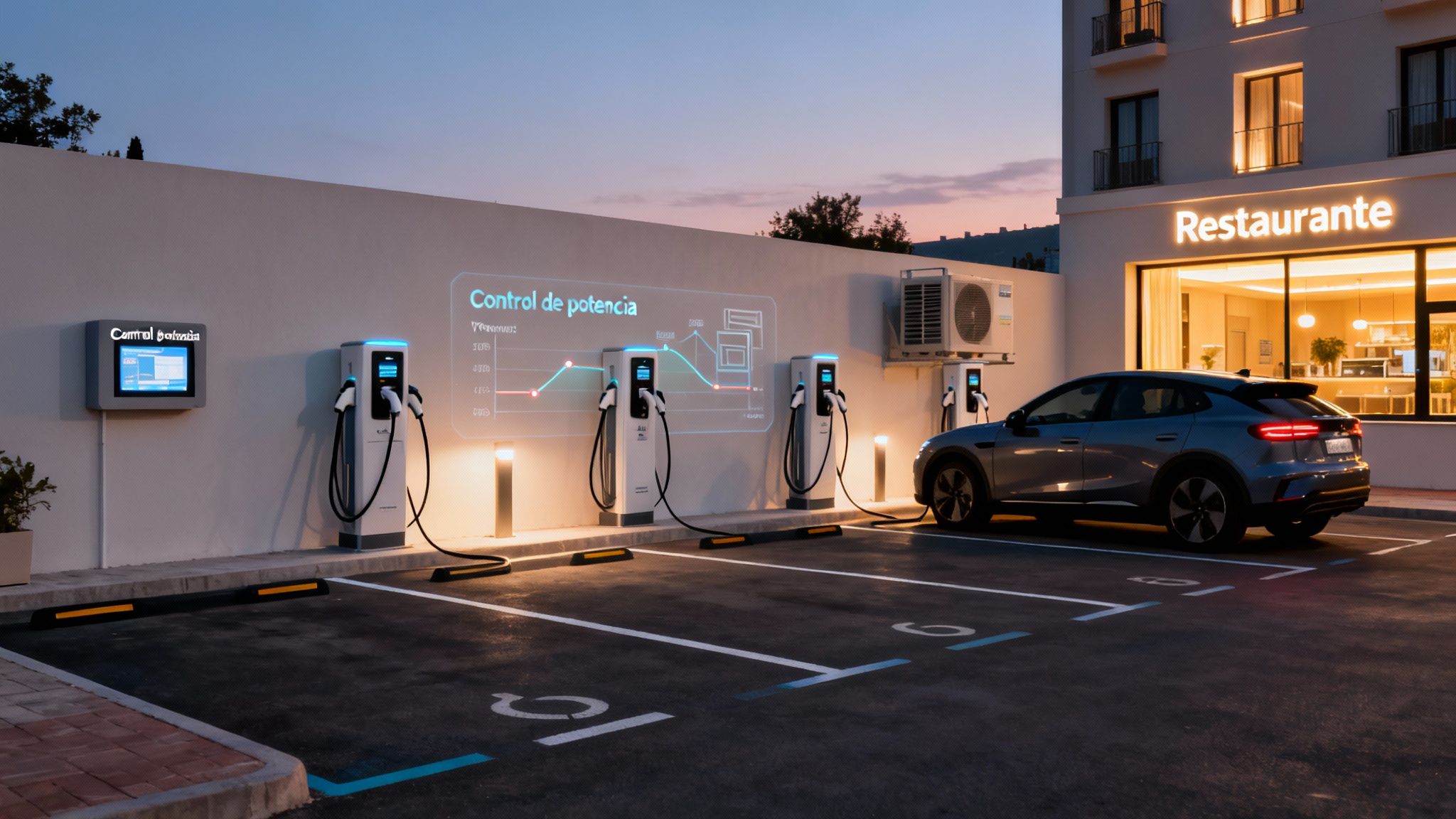 Coches eléctricos cargando en una estación al atardecer, con gráficos de control de potencia y un restaurante.