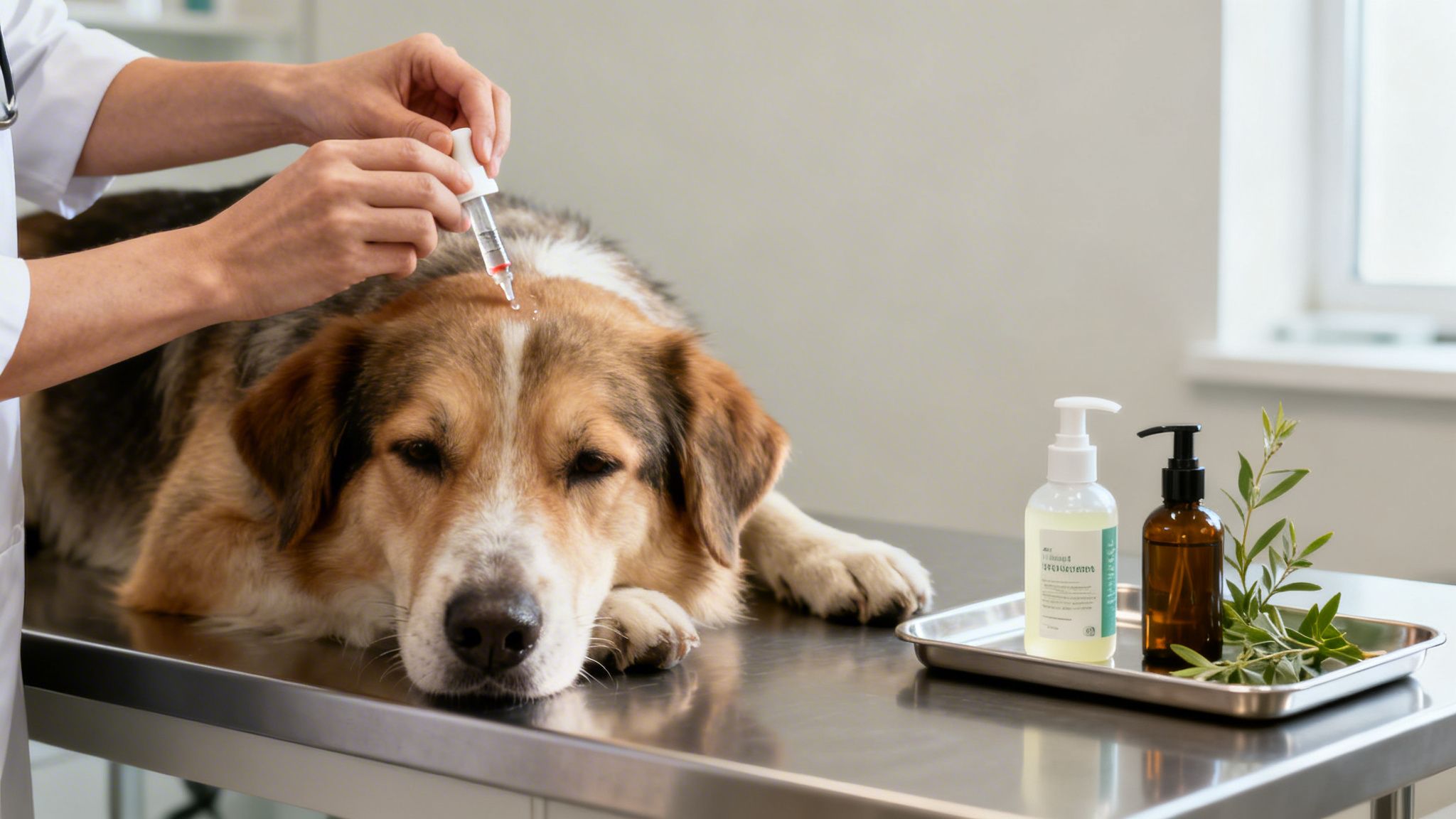 Veterinario aplicando tratamiento tópico en gotas a un perro mestizo acostado en una mesa de examen.