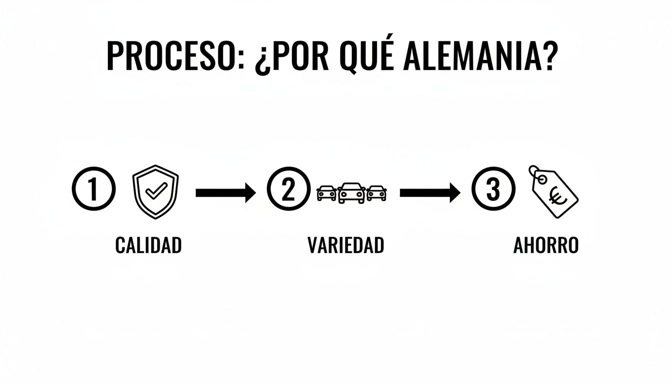 Infografía del proceso para comprar un coche en Alemania: calidad, variedad y ahorro.