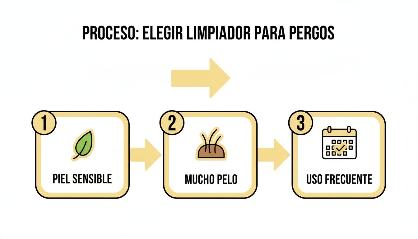 Diagrama que muestra el proceso para elegir un limpiador para perros, considerando piel sensible, mucho pelo y uso frecuente.