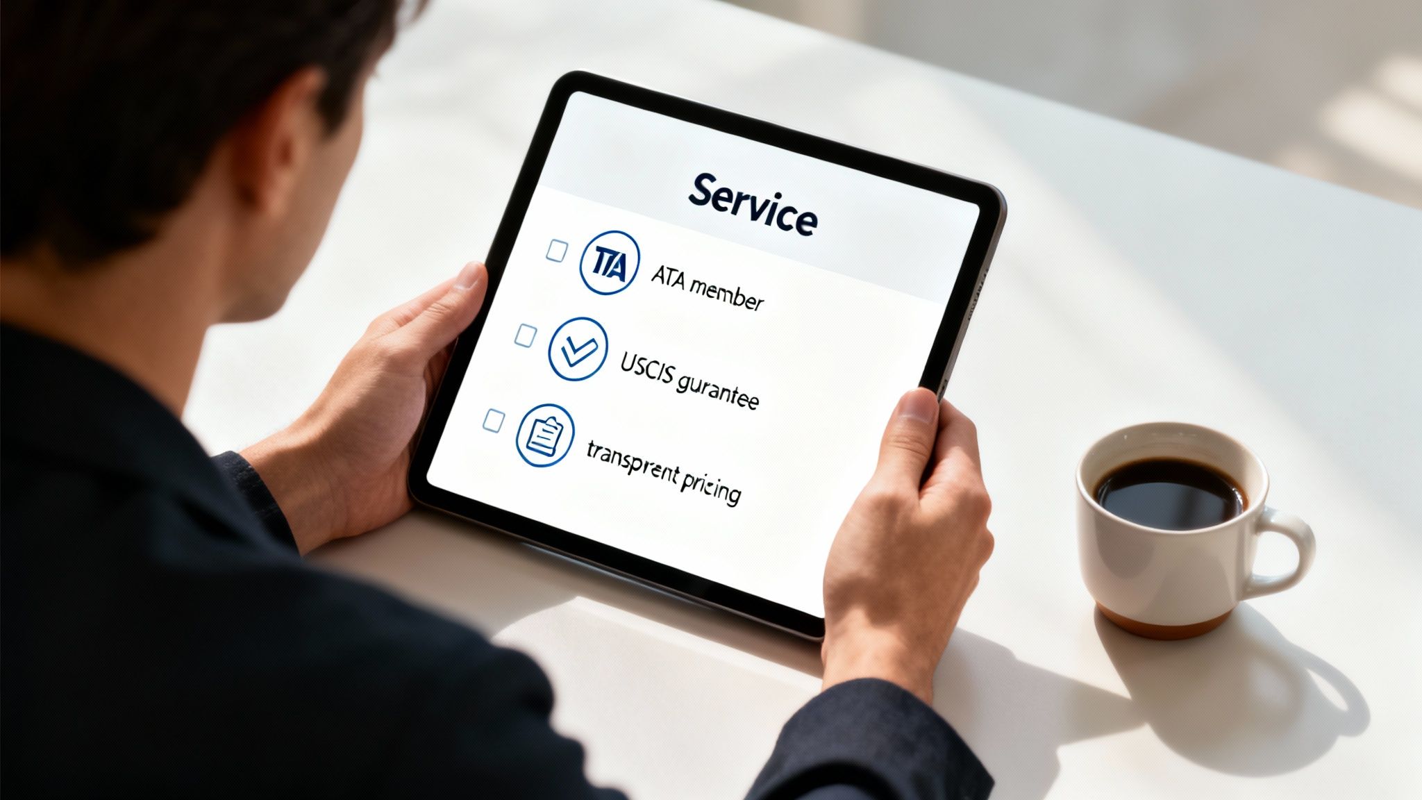 A person holds a tablet displaying a service checklist with 'USCIS guarantee' checked, next to a coffee cup.