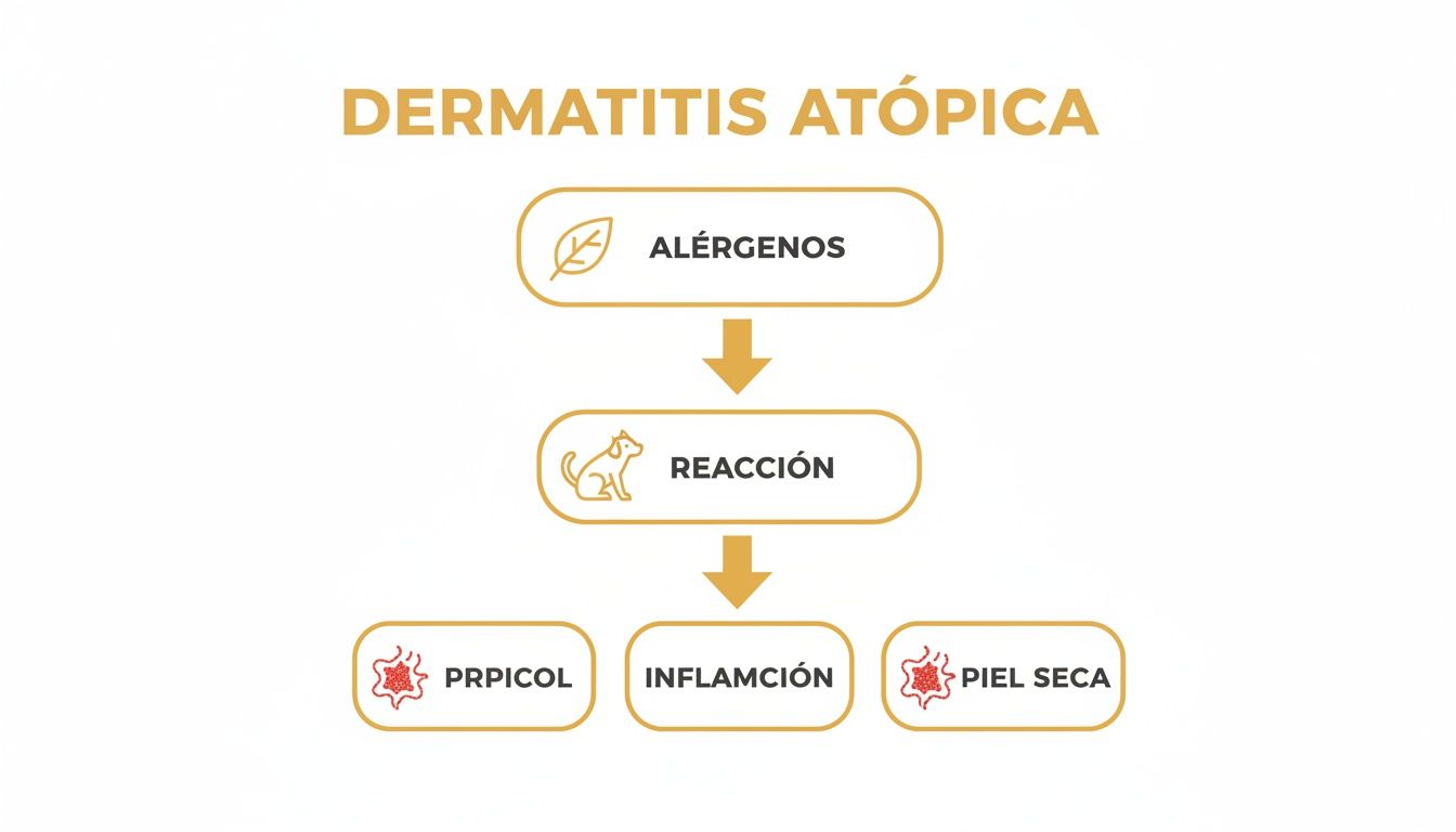 Diagrama de flujo que ilustra la progresión de la dermatitis atópica en perros, desde alérgenos hasta síntomas.