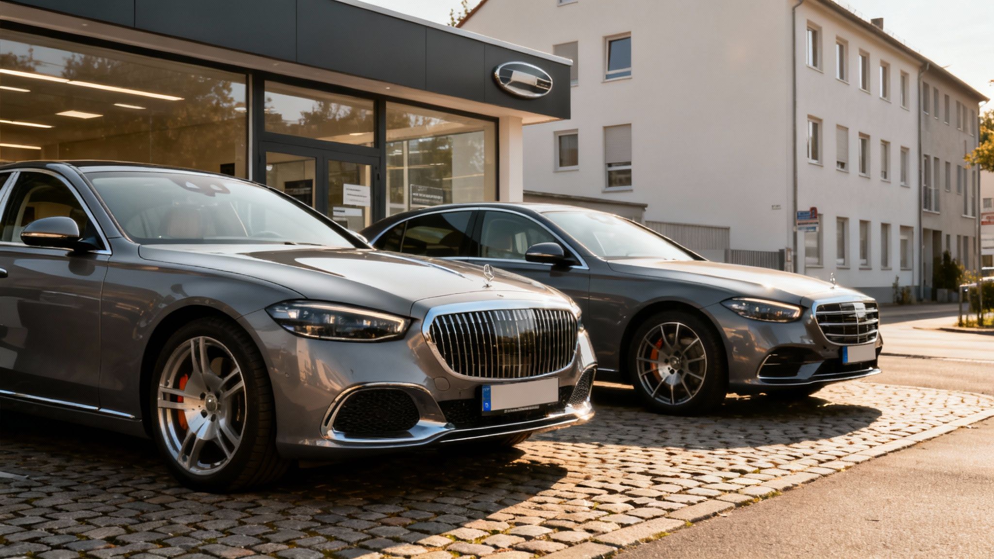 Dos coches Mercedes-Benz S-Class grises de lujo estacionados en una calle empedrada, frente a un concesionario de automóviles bajo el sol.
