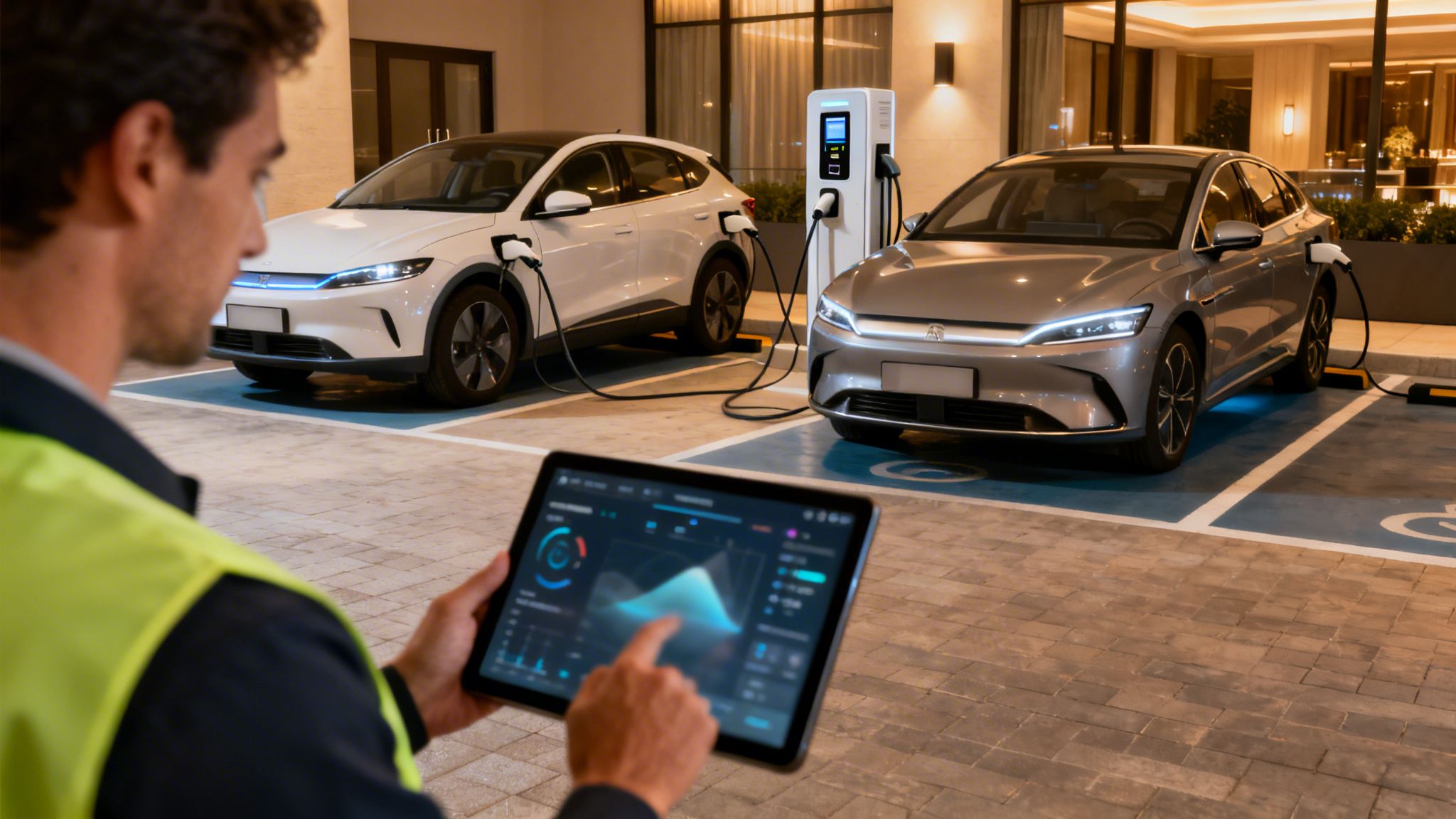 Un técnico supervisa la carga de vehículos eléctricos con una tableta en un aparcamiento moderno.
