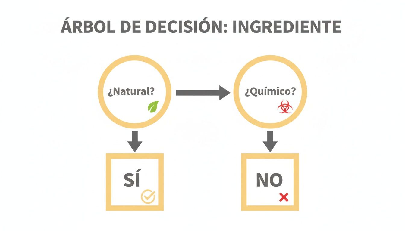 Diagrama de árbol de decisión para ingredientes, diferenciando entre natural (sí) y químico (no).