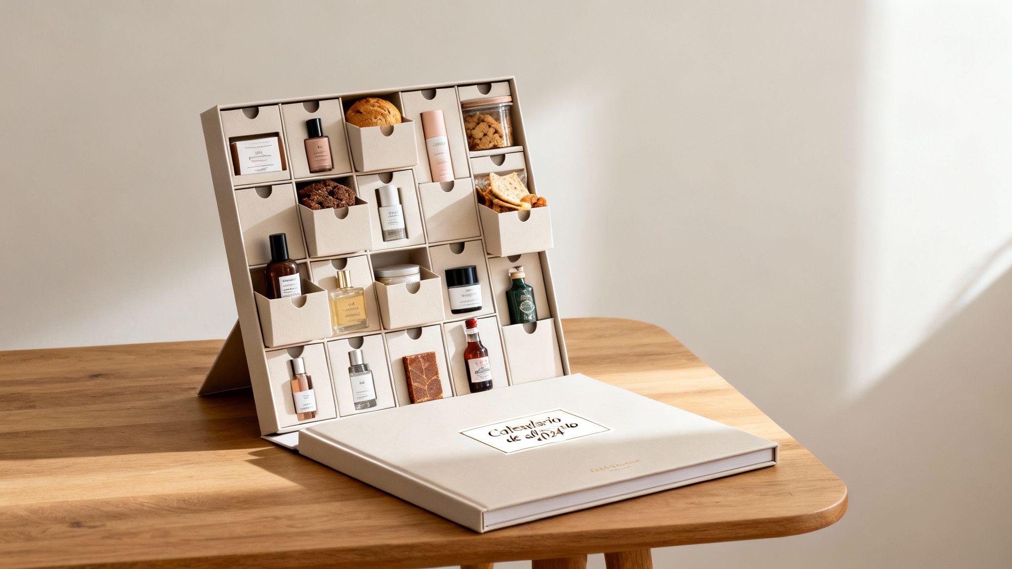 Elegante calendario de adviento 2026 beige con pequeños cajones llenos de perfumes, cosméticos y dulces sobre una mesa de madera.