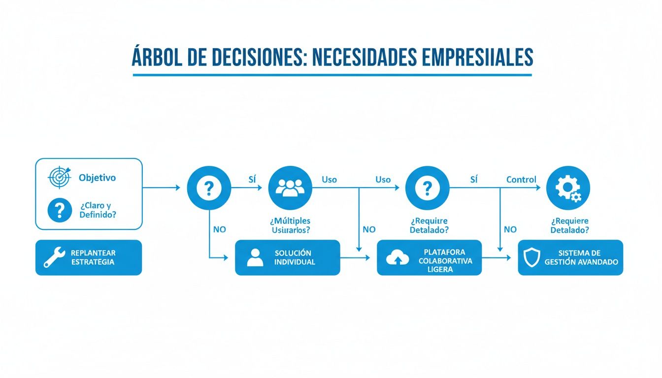 Diagrama de árbol de decisiones para necesidades empresariales, guiando desde el objetivo hasta la solución óptima.