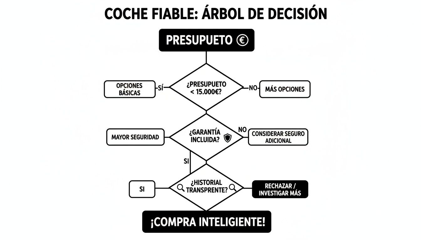 Diagrama de árbol de decisión para comprar un coche fiable, evaluando presupuesto, garantía e historial transparente.