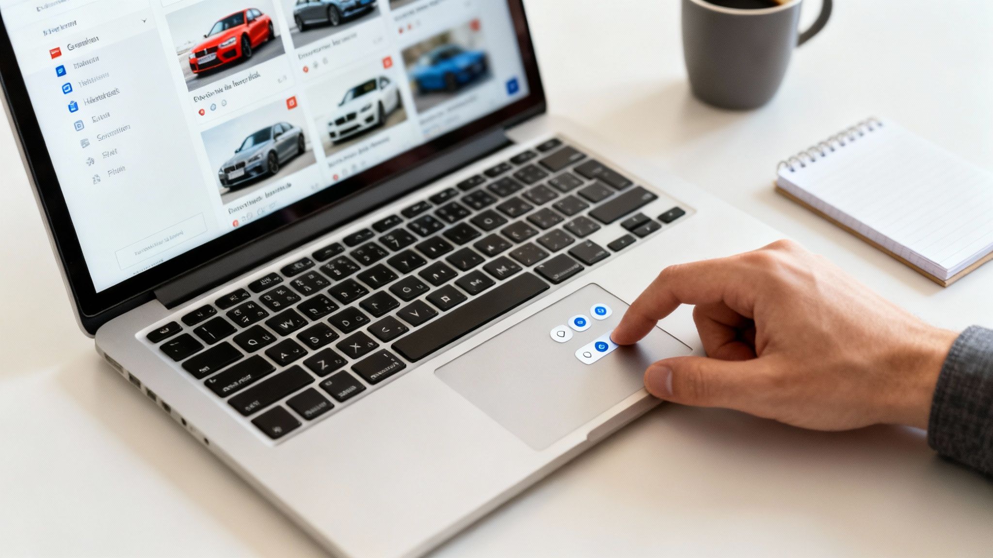 Mano de persona usando una laptop mostrando coches en línea, con una taza de café y un cuaderno.