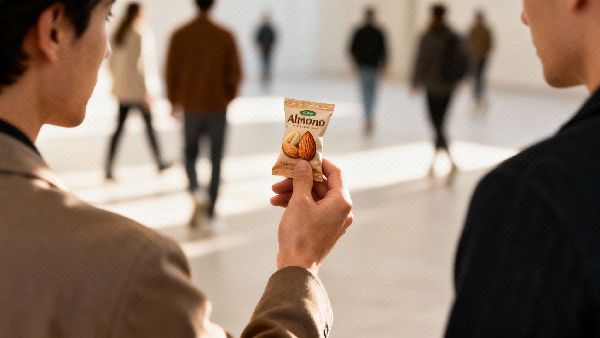 Una persona sostiene un paquete de almendras, con gente borrosa al fondo en un espacio iluminado.