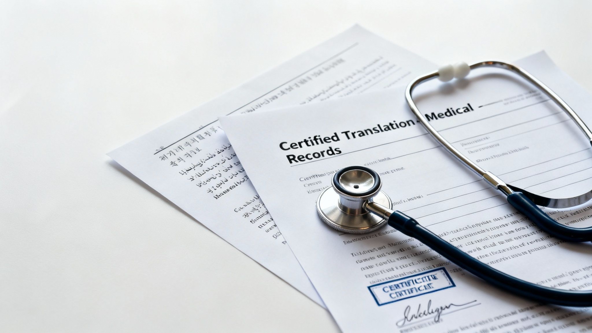 A stethoscope rests on certified medical translation records and foreign language documents.