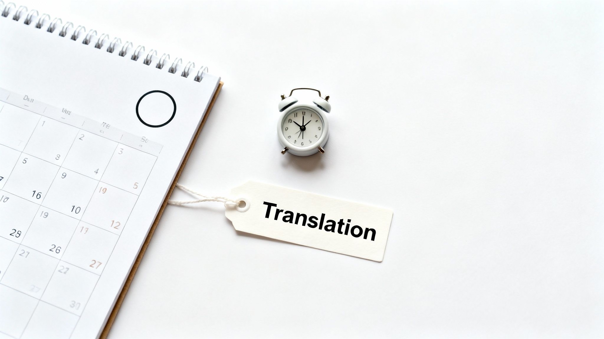 A calendar with a marked circle, an alarm clock, and a 'Translation' tag on a white background.