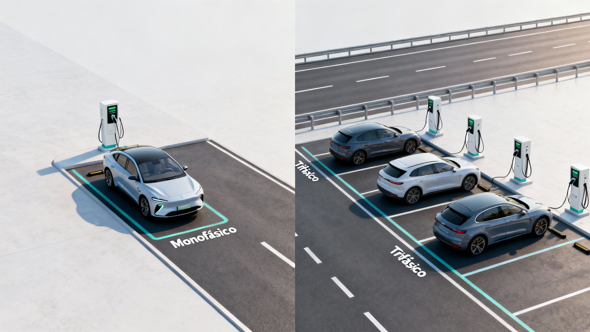 Cargando coches eléctricos: un punto monofásico y varios puntos trifásicos junto a una autopista.