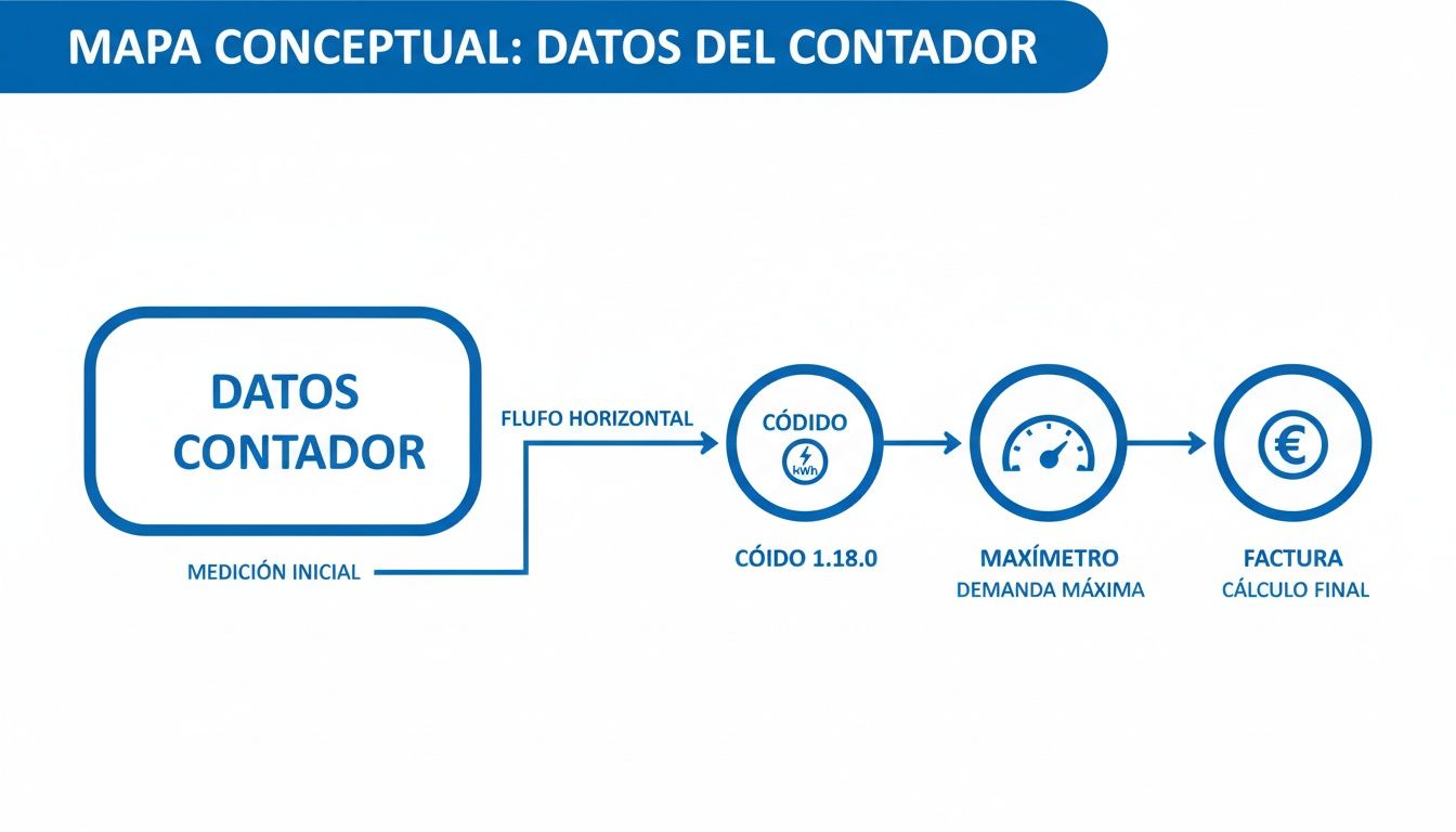 Mapa conceptual del flujo de datos del contador de luz, desde la medición inicial hasta el cálculo final de la factura.
