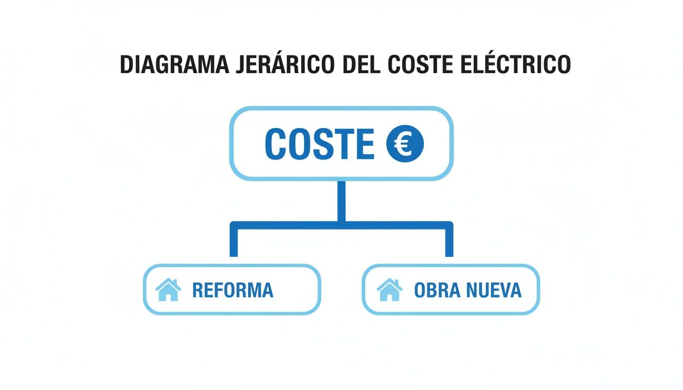 Diagrama jerárquico del coste eléctrico, dividiendo entre reforma y obra nueva en viviendas.