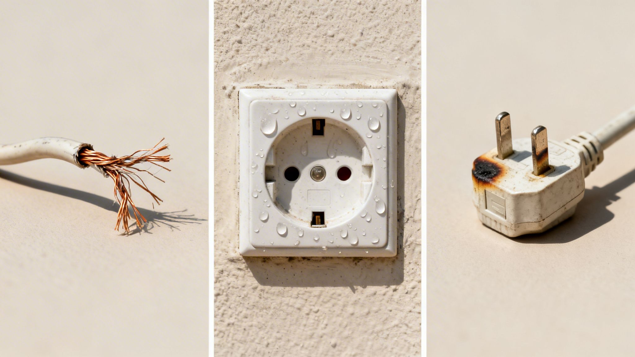 Una composición de tres imágenes mostrando peligros eléctricos: un cable deshilachado, un enchufe mojado y una clavija quemada.