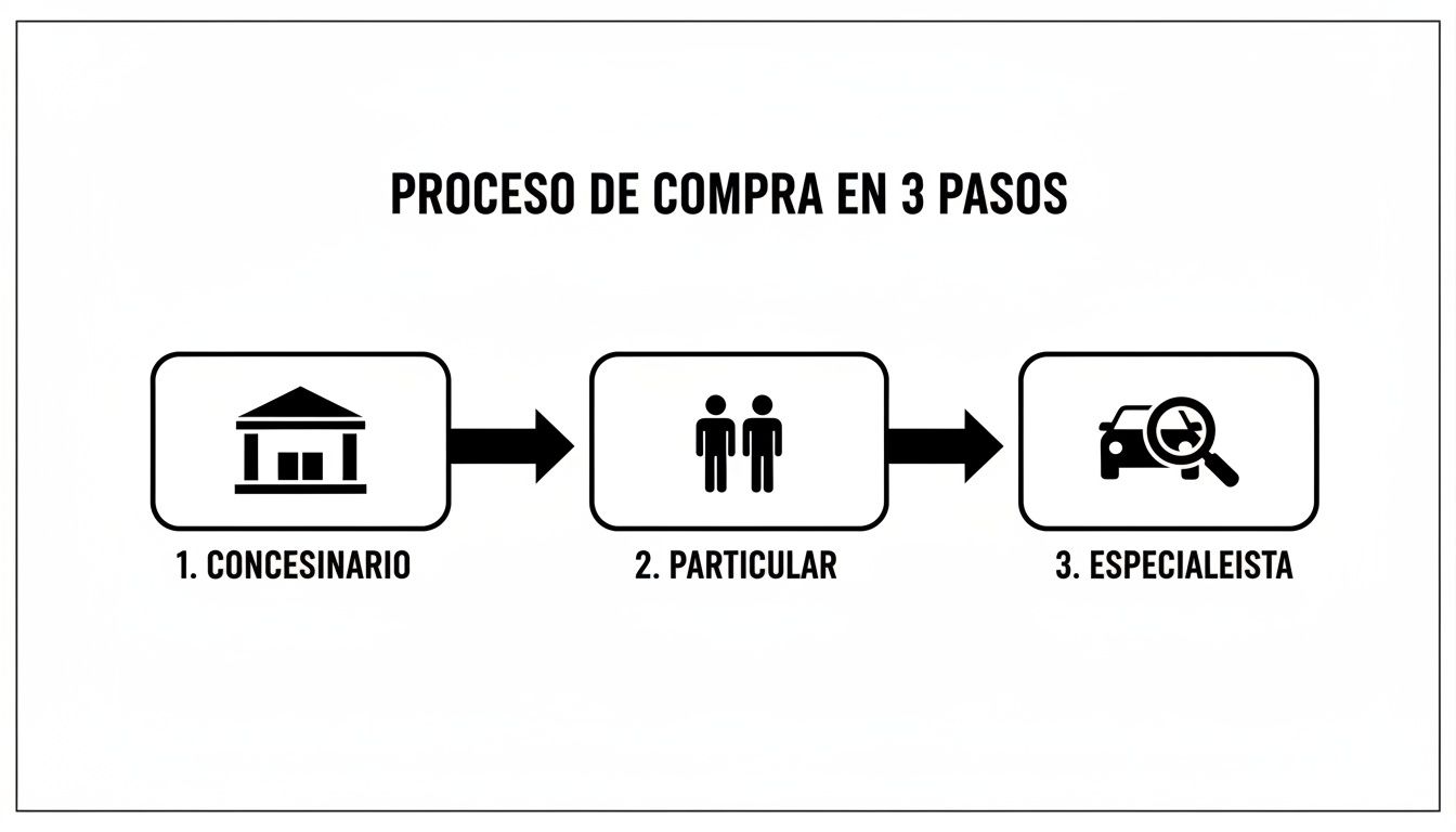 Diagrama de flujo que ilustra el proceso de compra de coches en 3 pasos: concesionario, particular y especialista.