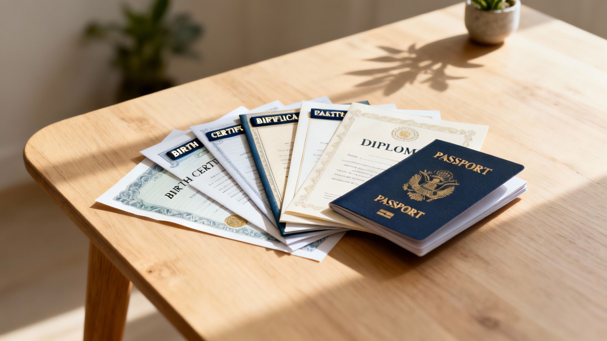A collection of important documents, including birth certificates, diplomas, and a US passport, on a wooden table.