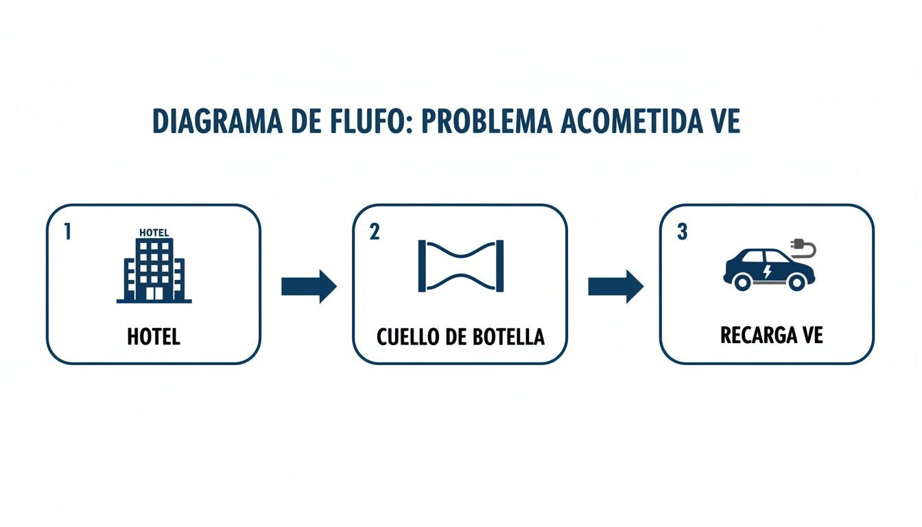 Diagrama de flujo que ilustra el problema de acometida para vehículos eléctricos: hotel, cuello de botella y recarga.
