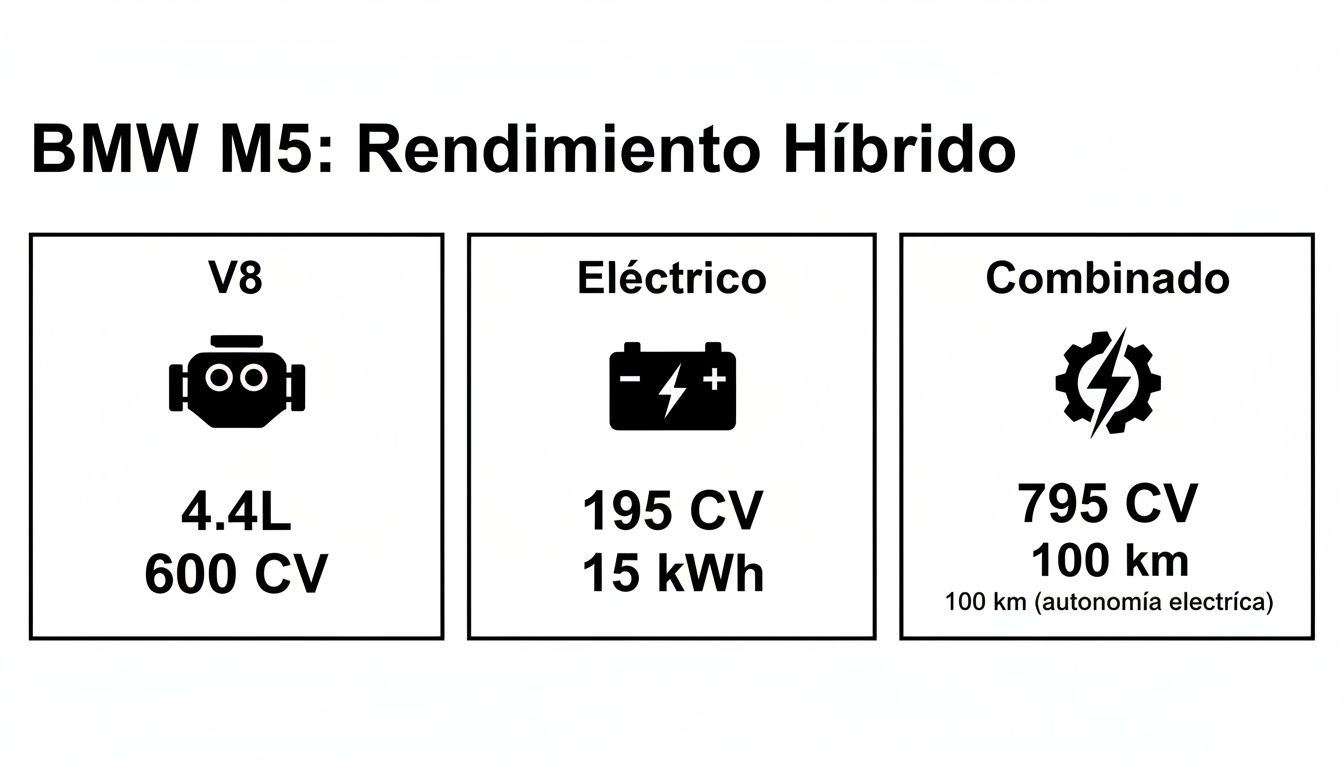 Infografía del rendimiento híbrido del BMW M5, mostrando detalles del motor V8, eléctrico y la potencia combinada.