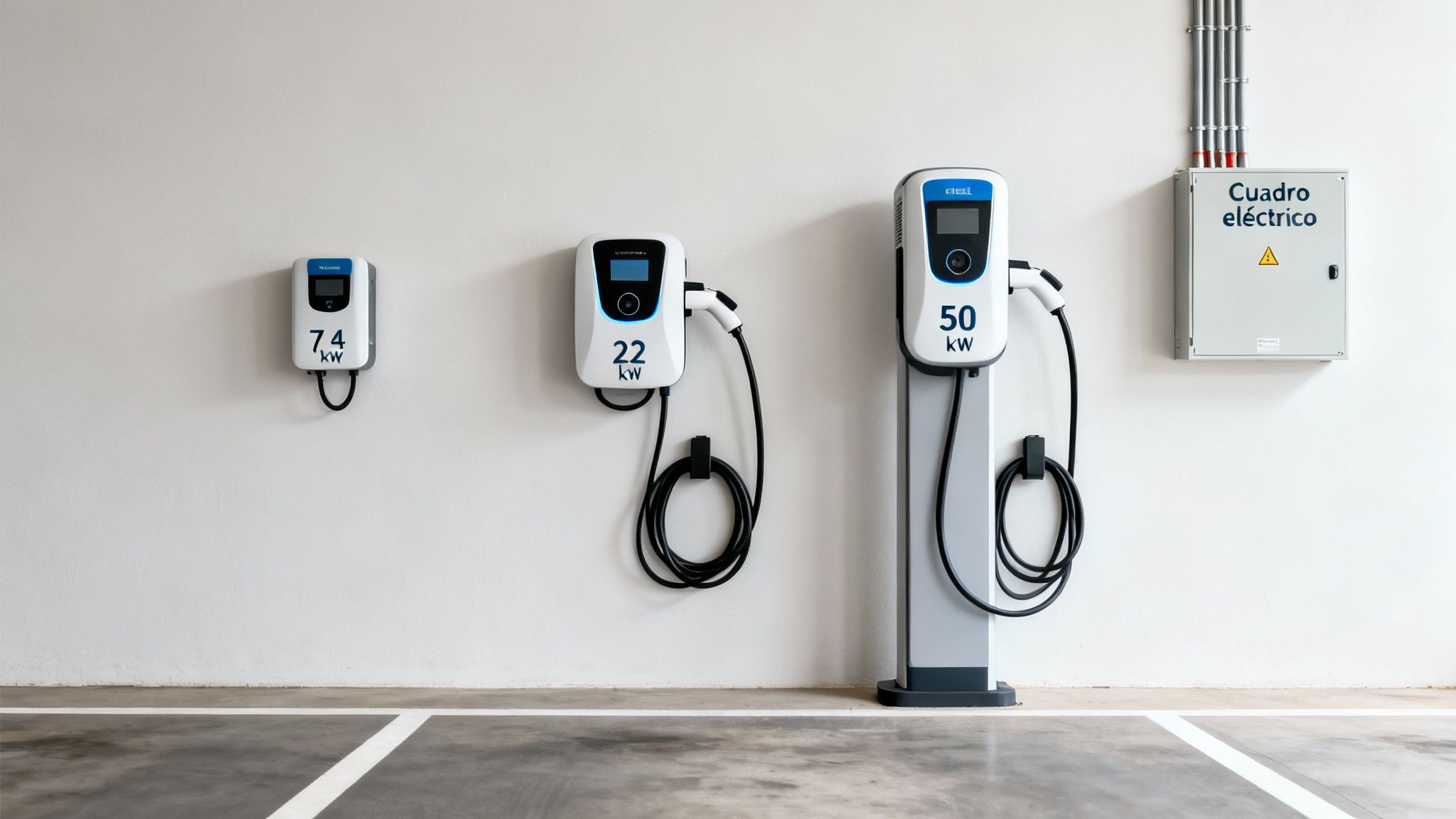 Cargadores de coches eléctricos de 7.4 kW, 22 kW y 50 kW en un garaje, junto a un cuadro eléctrico.