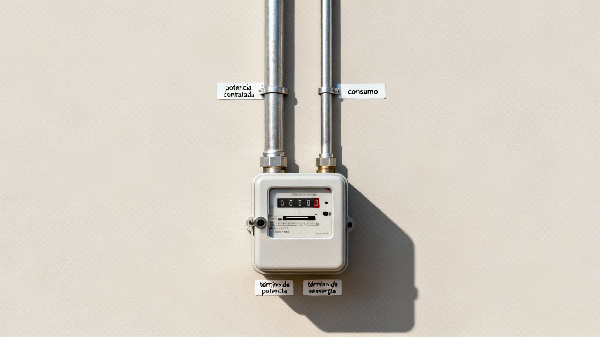 Medidor de electricidad en una pared, con etiquetas indicando potencia contratada, consumo y términos de facturación.