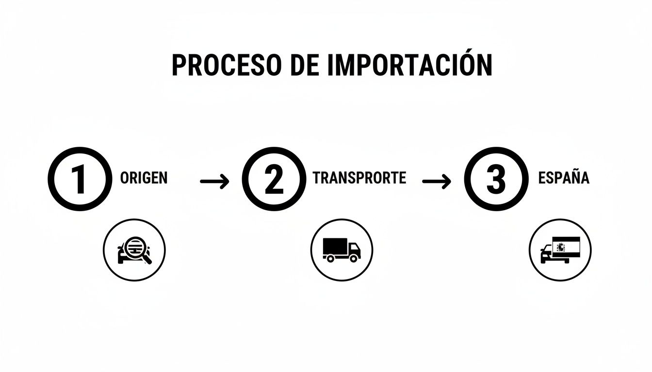 Diagrama del proceso de importación de vehículos, detallando origen, transporte y llegada a España.