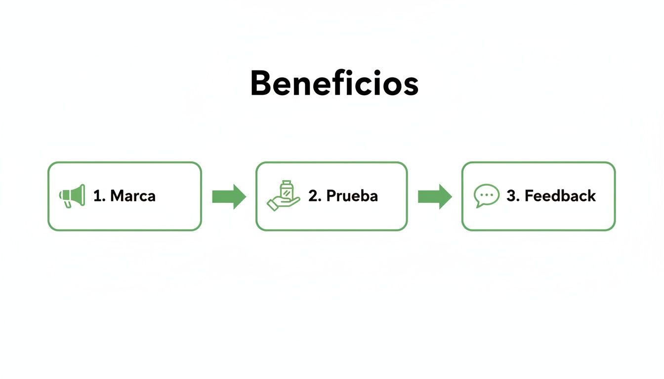 Diagrama de flujo que muestra tres beneficios clave: desarrollo de marca, fase de prueba y recopilación de feedback.