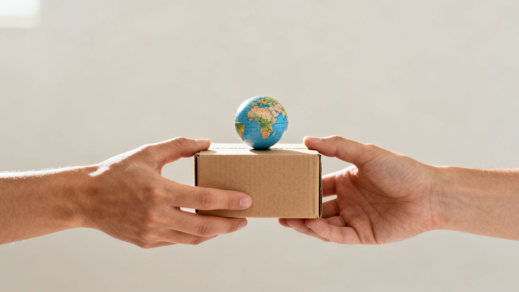 Manos sosteniendo una caja con un globo terráqueo, simbolizando el envío y la conexión global.