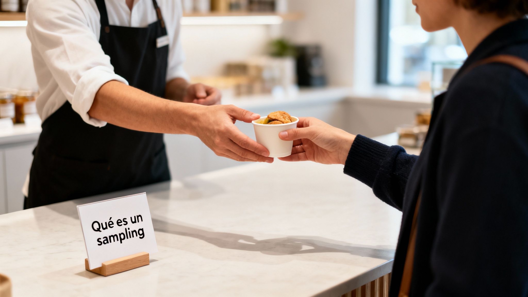 Un empleado ofrece una muestra de producto en un vaso a un cliente en un establecimiento moderno.