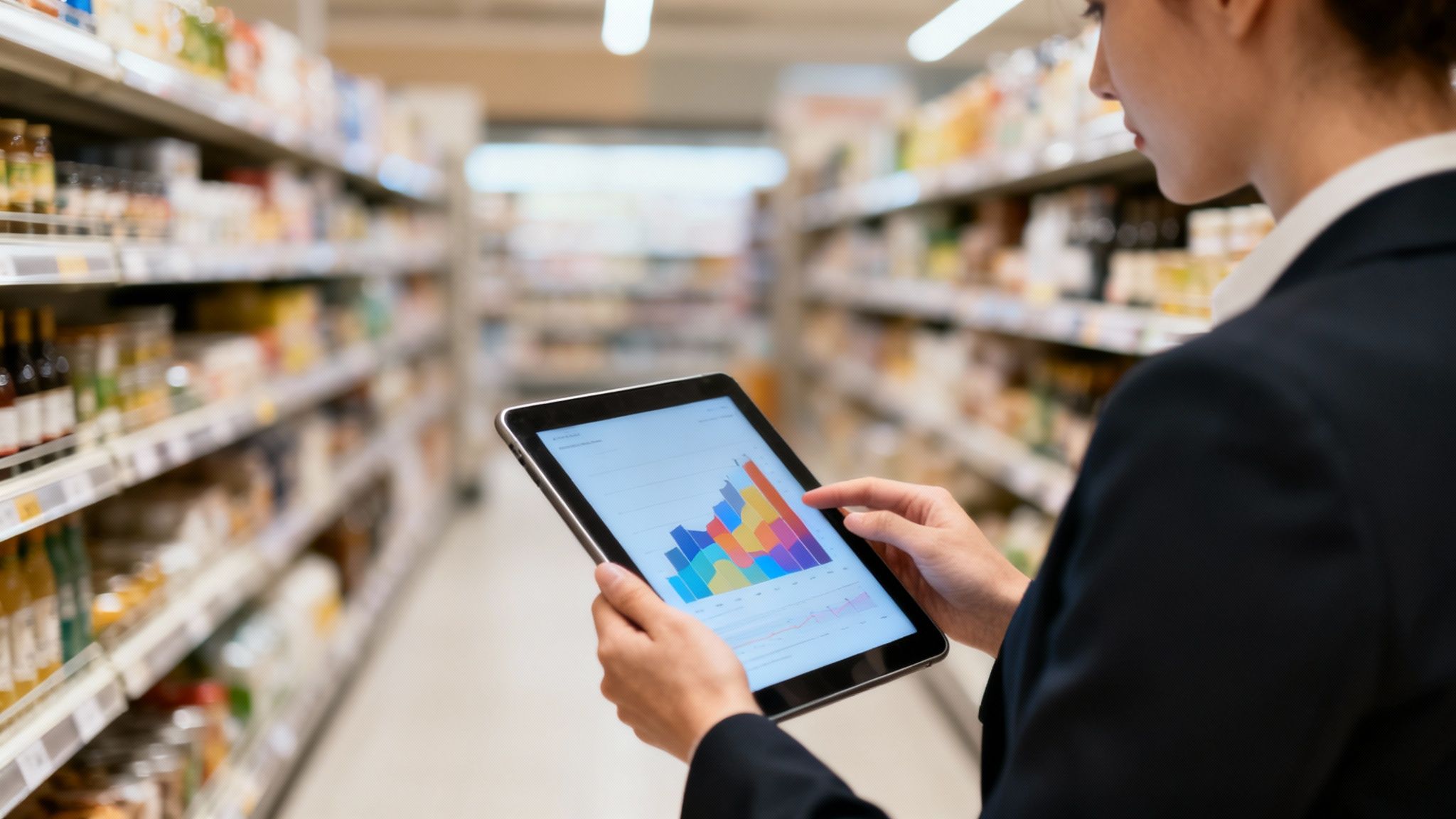 Una profesional en un pasillo de supermercado analiza datos de ventas con gráficos en una tablet.