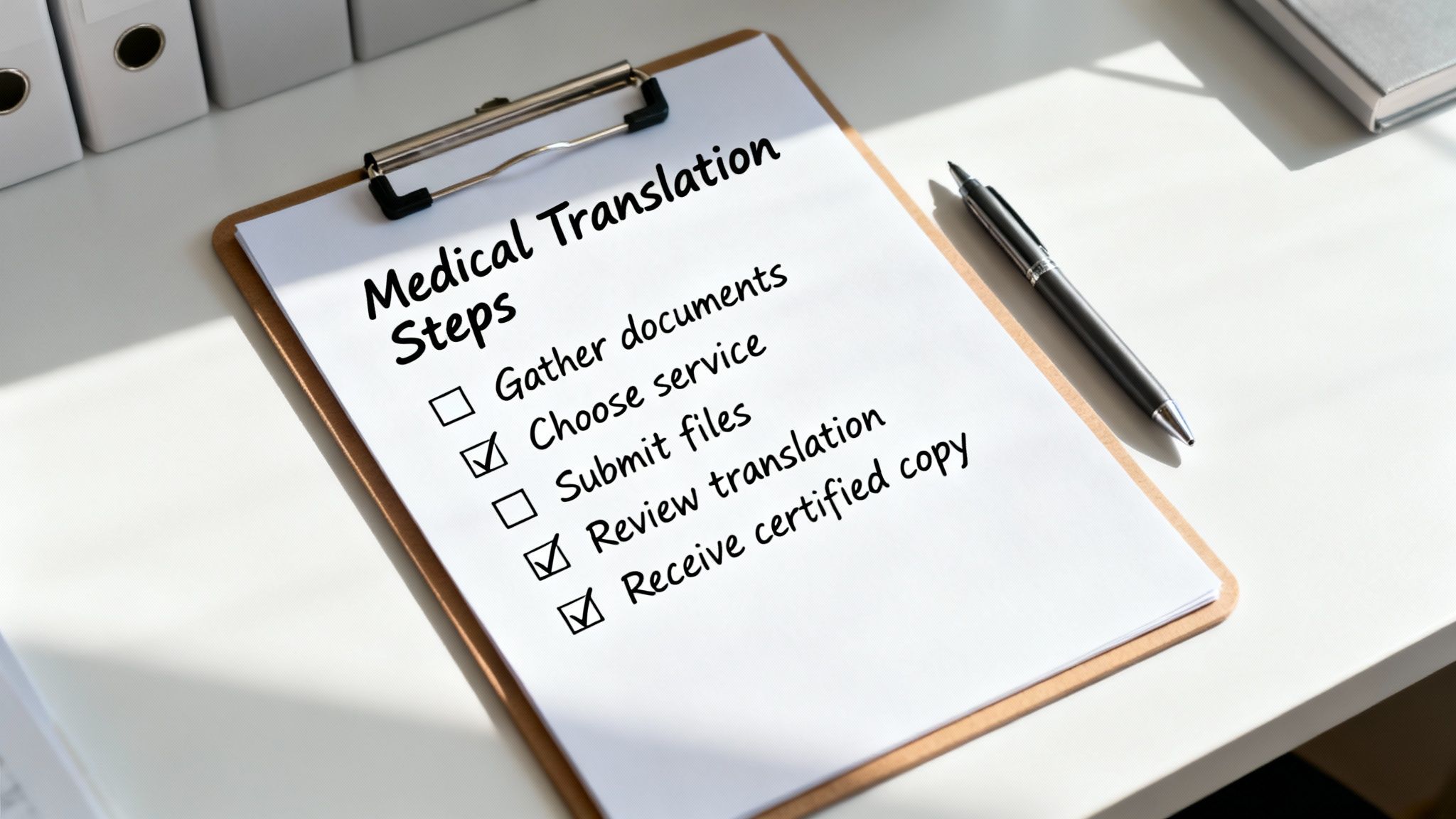 A clipboard on a desk shows 'Medical Translation Steps' with 'Choose service', 'Review translation', and 'Receive certified copy' checked.