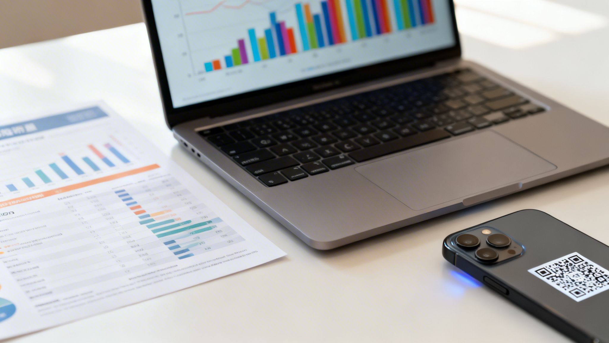 Una vista de primer plano de un escritorio con un portátil que muestra gráficos, un documento de análisis y un teléfono con código QR.