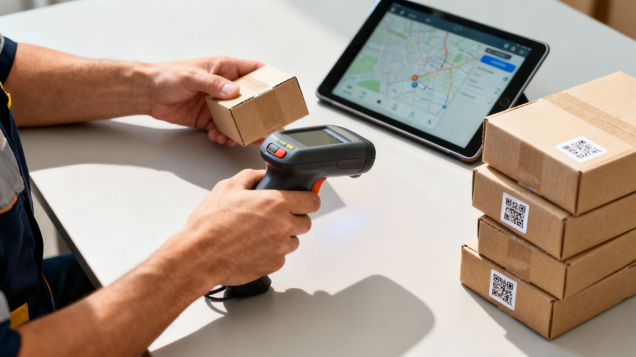 Un trabajador escanea un paquete de cartón con un lector de código de barras, junto a una tablet con mapa de entrega y más cajas.