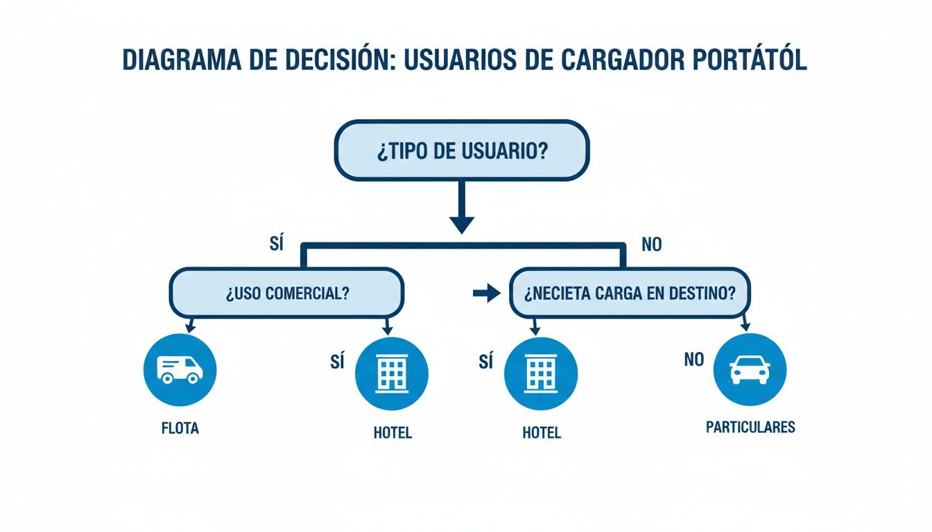 Diagrama de decisión para usuarios de cargador portátil, clasificando entre flotas, hoteles y particulares según tipo y uso.