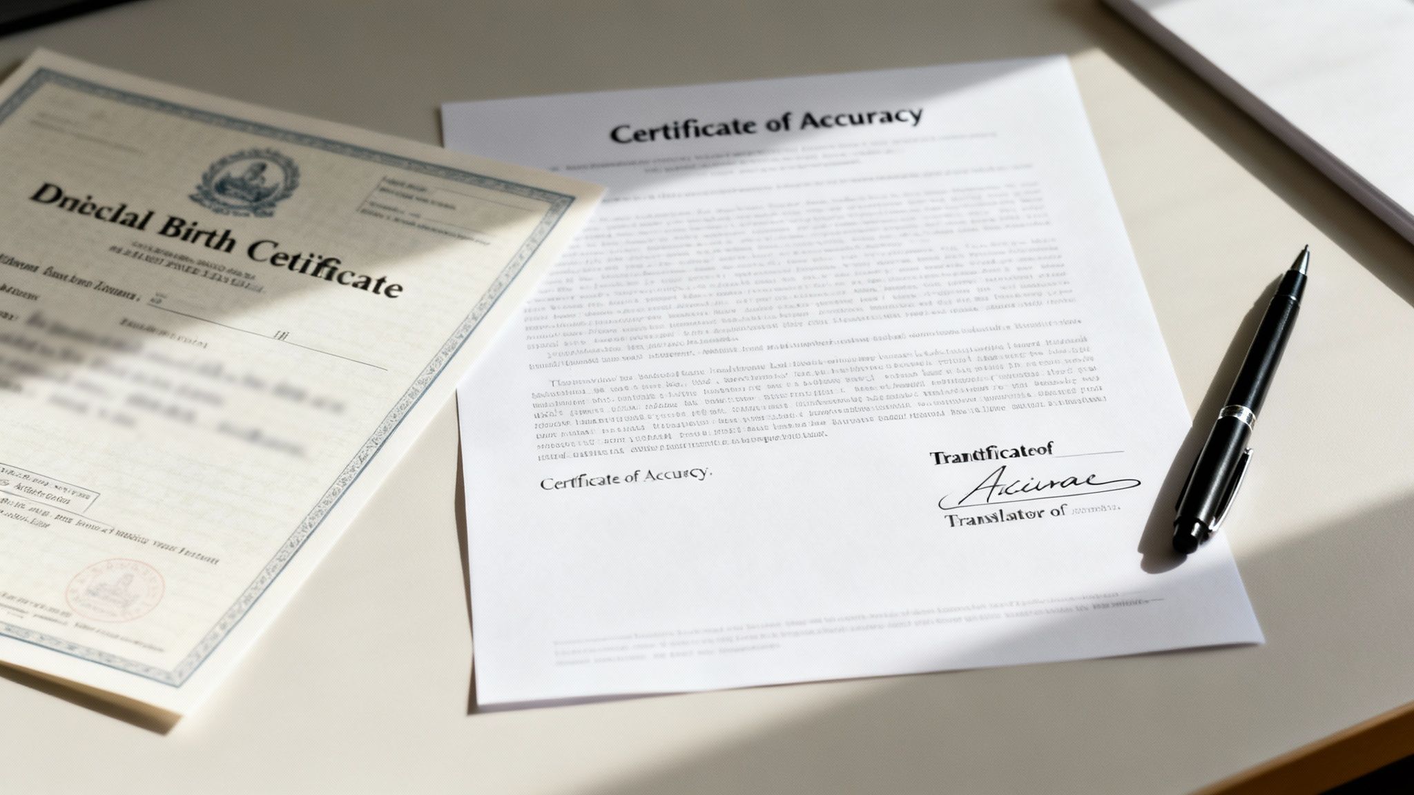 A birth certificate and a certificate of accuracy for a certified document translation, with a pen on a desk.