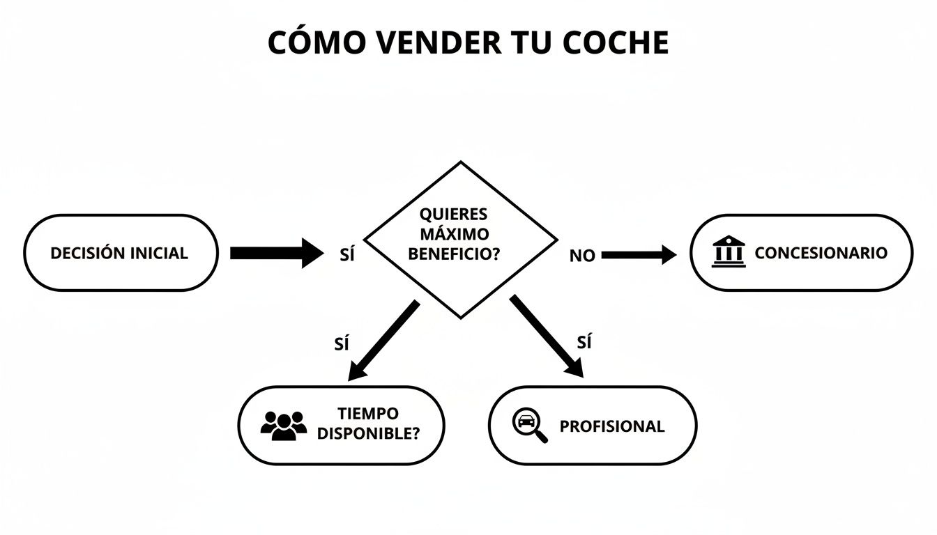 Diagrama de flujo sobre cómo vender tu coche, mostrando decisiones para máximo beneficio y tiempo disponible.