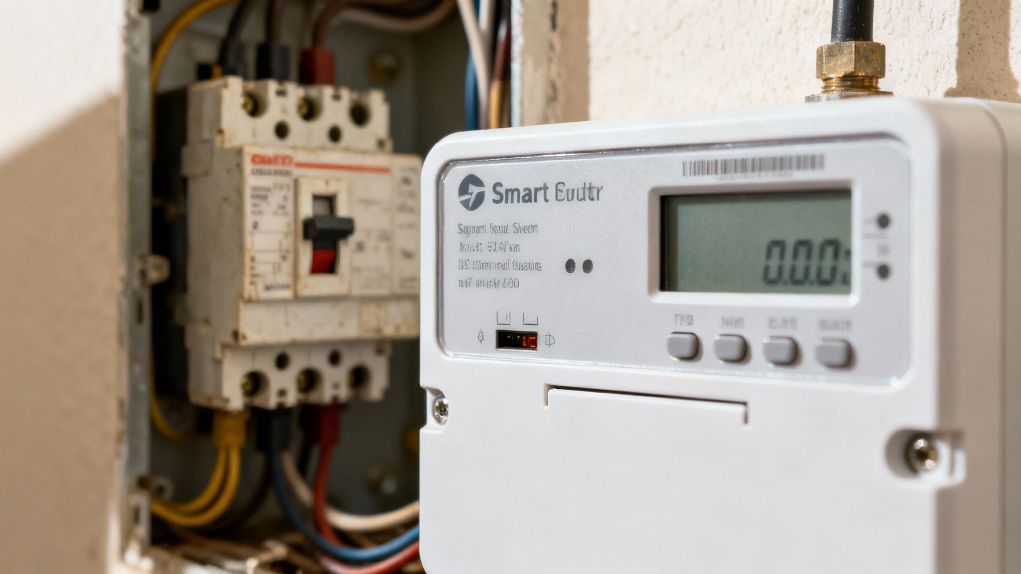 Medidor inteligente blanco junto a un cuadro eléctrico abierto con disyuntores y cables eléctricos.