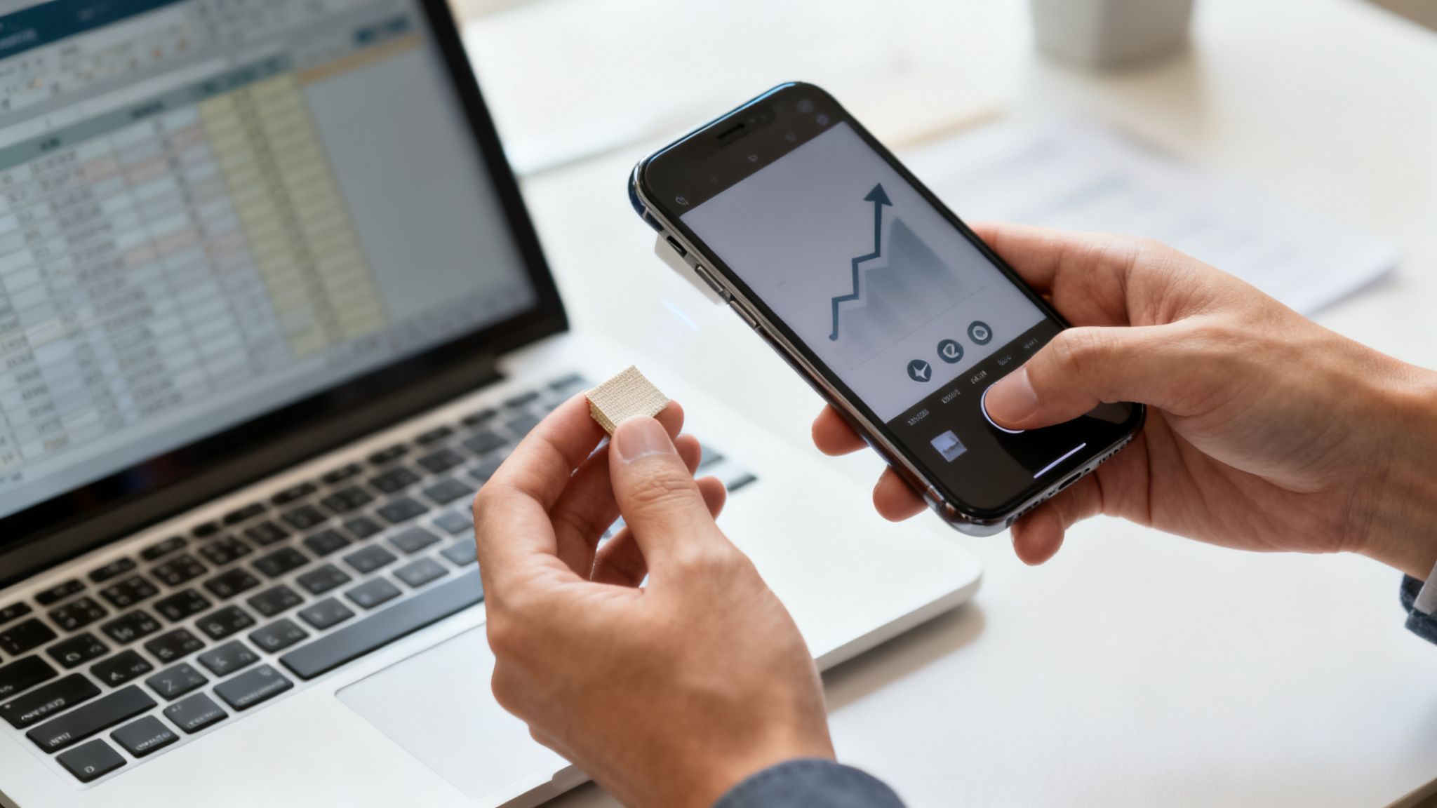 Manos sostienen un smartphone con gráfico de crecimiento y una muestra de producto, con un portátil al fondo.